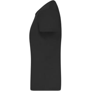 A side view of a black ladies' T-shirt with short sleeves and a fitted design. The shirt features a logo.