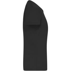 A black ladies' T-shirt with short sleeves, displayed from the side. The shirt features a logo.