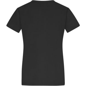 A black ladies' T-shirt with a classic cut and short sleeves, featuring a logo on the back.