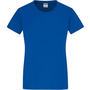 A blue ladies' t-shirt with a crew neck and short sleeves, featuring a logo on the front.