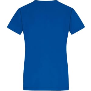 A blue ladies' T-shirt featuring a classic crew neckline and short sleeves. It has a branding logo.