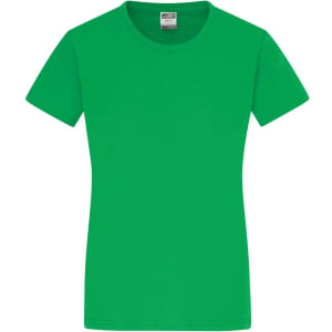 A green ladies' T-shirt with a round neckline and short sleeves, featuring a label inside.