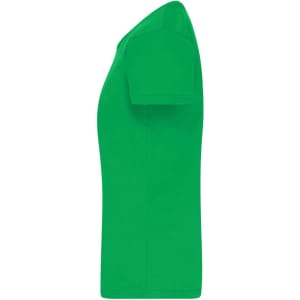 A green T-shirt with a classic cut, featuring short sleeves and a simple design. It has a logo on it.