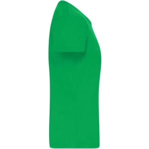 A green t-shirt with short sleeves, featuring a side view and a logo on the fabric.