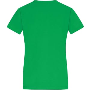 A green women's T-shirt with a simple design and short sleeves. Features a logo on the back.