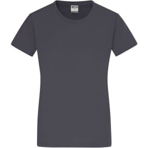 A grey ladies' T-shirt featuring a round neckline and short sleeves. The shirt has a branding label inside.