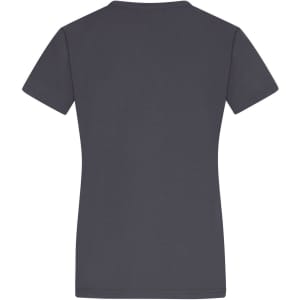 A dark grey ladies' T-shirt with short sleeves and a plain back, featuring a logo.