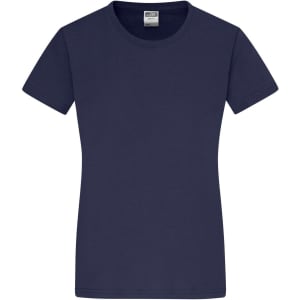 A navy blue women's t-shirt with a round neckline and short sleeves, featuring a logo.