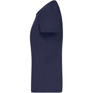 A navy blue T-shirt with a classic crew neck and short sleeves. It features a logo on the front.