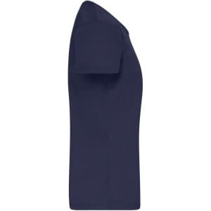 A navy blue women's t-shirt with short sleeves and a fitted style. It features a logo on the fabric.