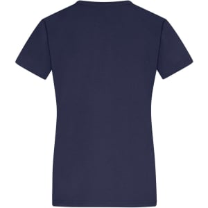 A navy blue women's T-shirt with short sleeves and a fitted design, featuring a logo.