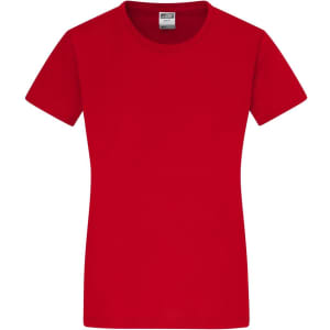 A red Ladies-T shirt with a classic crew neckline and short sleeves. The shirt features a logo on the label.