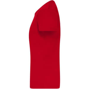 A red T-shirt with short sleeves, featuring a logo. Displays a side view.