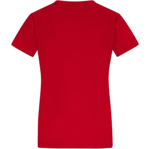 A red ladies’ T-shirt with a fitted style and short sleeves, featuring a logo on the back.