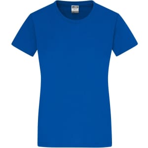 A blue ladies' T-shirt with a round neckline and short sleeves, featuring a logo on the label.