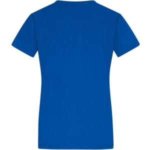 A blue ladies' T-shirt with a classic crew neckline and short sleeves. The back view highlights its simple design.