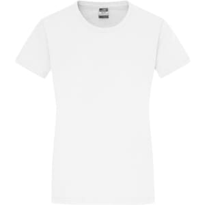 A white ladies' T-shirt with a crew neckline and short sleeves, featuring a tag inside the collar.