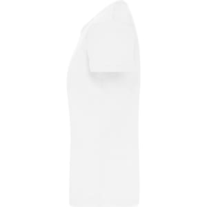 A white T-shirt with short sleeves, showing a side view. The shirt includes a logo or branding.