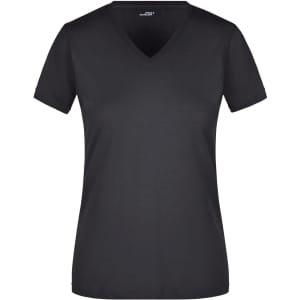 A black V-neck T-shirt with short sleeves, featuring a simple, classic design and a logo.