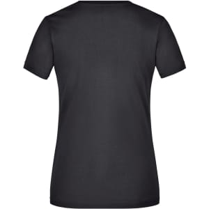 A black ladies t-shirt with a V-neck and short sleeves. The back view is displayed, with no visible logo.