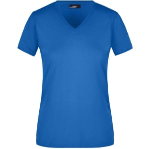 A blue ladies' V-neck t-shirt with short sleeves, featuring a logo on the label.