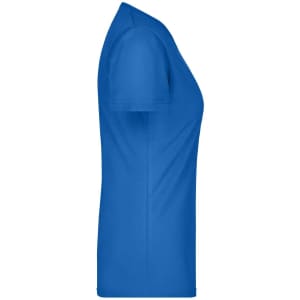 A side view of a ladies' blue V-neck t-shirt featuring a fitted design and short sleeves, with a logo present.