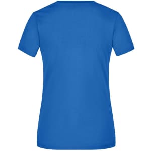 A blue ladies' V-neck T-shirt featuring a simple, plain design and a logo on the back.