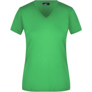 A green ladies V-neck t-shirt with short sleeves, featuring a logo on the label.