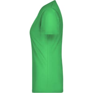 A green ladies' V-neck t-shirt displayed from the side, featuring a fitted design and short sleeves.