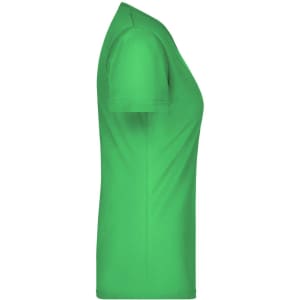 A green ladies' V-neck t-shirt featuring a fitted silhouette and short sleeves, with a logo present.