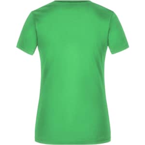 A green ladies T-shirt featuring a fitted design and short sleeves, with a branding logo on the back.
