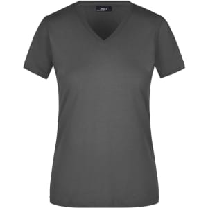 A grey ladies' t-shirt with a V-neck design, featuring short sleeves and a fitted silhouette. It has a branding logo.