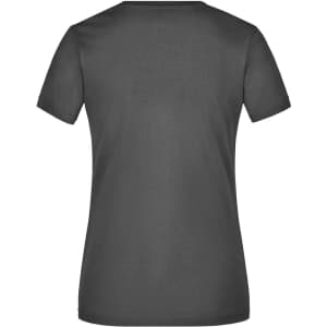 A dark grey ladies' V-neck T-shirt, featuring short sleeves and a simple design. It has a logo on the back.