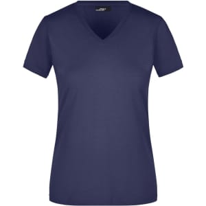 A navy V-neck women's t-shirt with short sleeves, featuring a brand logo.