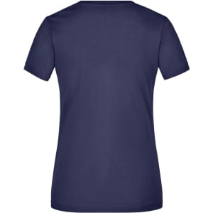 A navy blue ladies' V-neck T-shirt with short sleeves and a plain back design. Features a logo on the label.