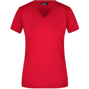 A red ladies' V-neck T-shirt with short sleeves, featuring a logo on the label.