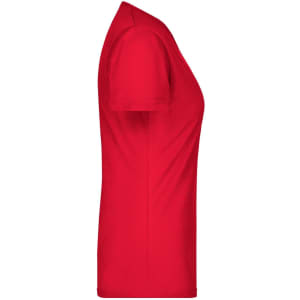 A red women's V-neck T-shirt displayed from the side. It features short sleeves and a fitted silhouette.