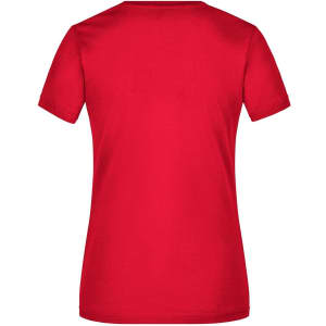A red ladies' V-neck T-shirt, featuring short sleeves and a plain back. The shirt has a brand logo.