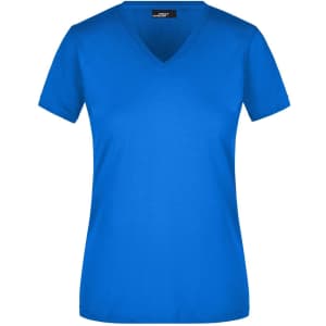 A blue V-neck T-shirt for ladies, featuring short sleeves and a logo on the label.