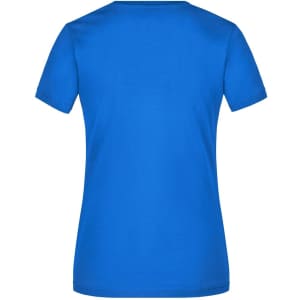 A blue ladies' T-shirt with a V-neck design, featuring short sleeves and a plain back.