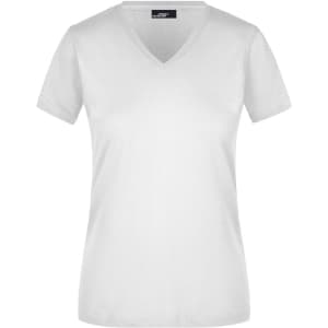 A white V-neck T-shirt for ladies with short sleeves and a branding logo.