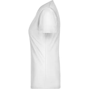 A white ladies' V-neck t-shirt viewed from the side, designed with short sleeves and a fitted silhouette.