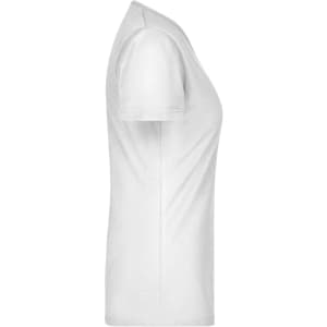 A white ladies' V-neck T-shirt with a slim fit, featuring short sleeves and a branding logo.