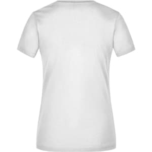 A plain white ladies t-shirt with short sleeves and a round neckline. It features a branding logo on the back.