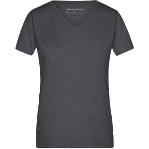 A ladies' heather t-shirt in dark grey with a v-neck design and short sleeves. It features a logo on the label.