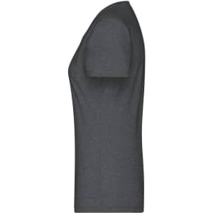 A grey ladies' heather t-shirt displayed from the side, featuring a fitted design and short sleeves.