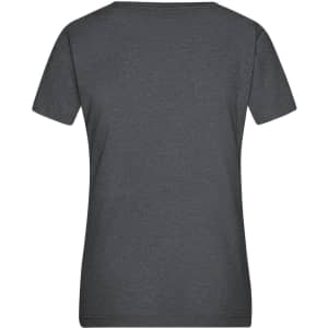 A plain heather grey ladies T-shirt with short sleeves and a round neck, featuring a logo.