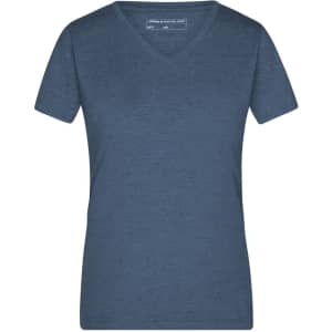 A ladies' heather navy T-shirt featuring a V-neck and short sleeves, with a logo on the label.