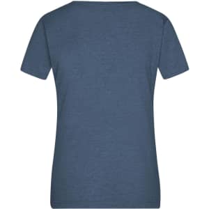 A blue heather t-shirt with a relaxed fit and short sleeves, featuring a simple design and a branding logo.
