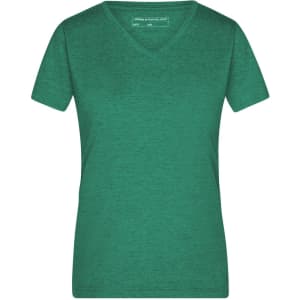 A green ladies' heather T-shirt with a V-neck and short sleeves. The shirt features a logo.